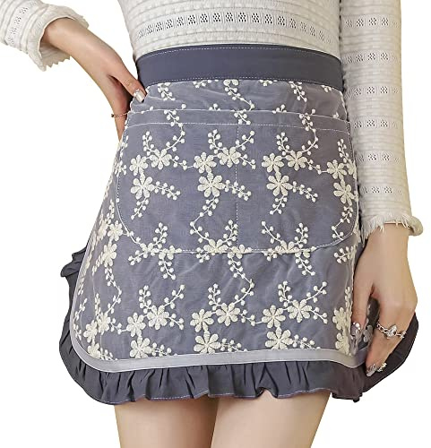 Floosum Lovely Waist Apron with 2 Pockets - Cotton Lace Embroidered Server Aprons Waitress Apron Half Bistro Short Apron for Womens Girls(Grey)