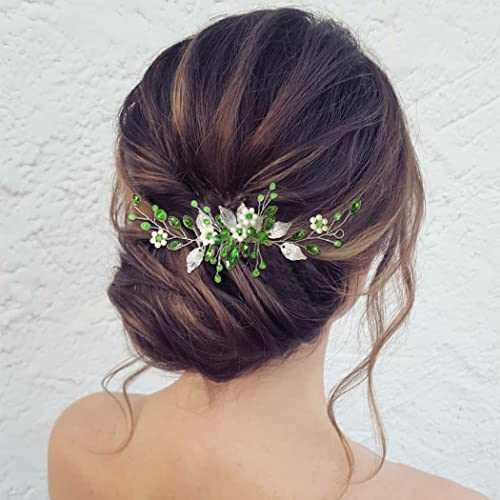 Zoestar Braut Hochzeit Haarkämme Blume Perle Kopfschmuck Braut Kristall Blatt Haarschmuck für Frauen und Mädchen (Grüne)