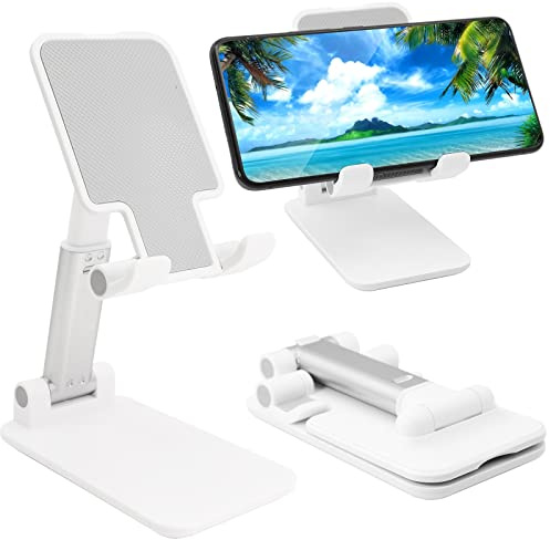 szwilnis Cell Phone Stand, Folding Desktop Phone Stand, Angle Height Adjustable Mobile Phone Holder for Desk, Office, Tablet Stand Compatible with All Phones 4-10 Inches Cell Phone/Tablet (White) | Fully Foldable, Fits for All Under 6.5 Smartphones, Ideal for Home, Office & Travel Use