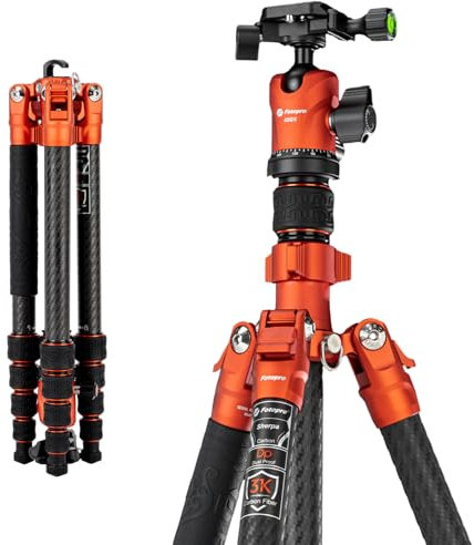 Fotopro 60'' Carbon Fiber Tripod, Compact Travel Tripod for DSLR Camera, with Ballhead Quick Release Plate Carry Bag, with Detachable Monopod, Max Load 10kg. Sherpa Series (orange, 60 inch)