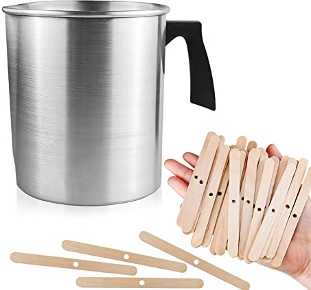 FOVNOT Schmelztopf 1,2L Wachs Tasse Tropfenfrei Gießen Krug Kerze Herstellung Topf Hitzebeständig Handhaben Kerze Schmelzen Topf Wachs Schmelzen Tasse mit 50 Stck Hölzern Kerze Docht Halter