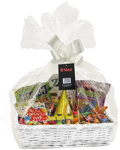 H-line Make Your Own Hamper Kit - Large Rectangle Wicker Basket Cellophane Wood Shred Bow Set (White) - Ideal for Christmas/Easter/Newborn Gift Hamper