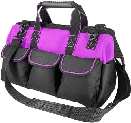 Oseeny 16-inch for women purple Tool Bag Non-slip feet adjustable shoulder strap 14 functional insert pockets,large capacity Men's heavy-duty toolbox,for electricians, carpentry,gardening (Purple)