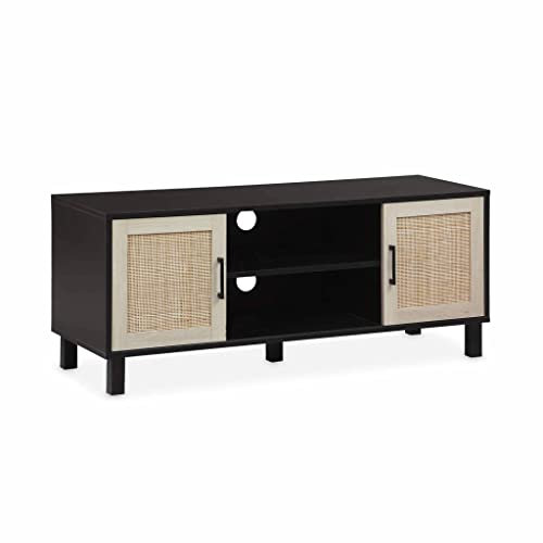Alice's Home - Meuble TV Noir et cannage 115 x 40 x 48cm - Bianca - 2 Niveaux - Portes coulissantes