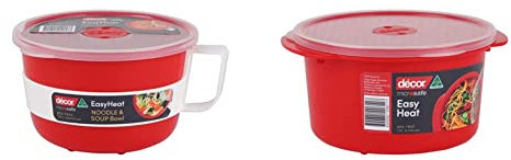 Décor Microsafe Soup Noodle Oat Bowl 1.15L & Microsafe Food containers with lids & steam Vent, Quick reheating, Non-staining Round BPA-Free microwavable Plastic tupperware, 1.5L, Red