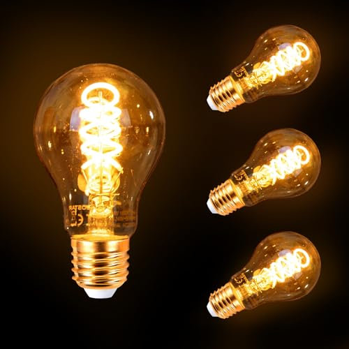 Aigostar LED E27 Edison Screw Bulb, 4W Decorative Light Bulbs, Amber Filament Light Bulbs, 1800K Warm White Edison Bulb e27, Spiral e27 Vintage Light Bulbs ES A60 GLS Globe Screw in Light Bulb 3 Pack