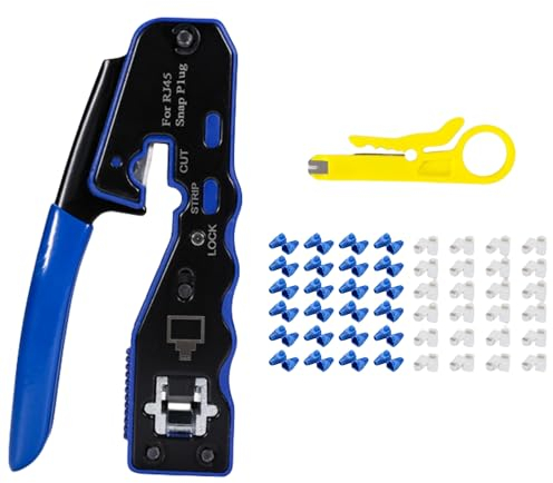 QSFPTEK RJ45 Pinza Crimpatrice, Crimpatura RJ45 Passanti Cable RJ45 Connettore para Cat5/5e/6 Modular Incluye 1*Negro crimpatura, 1*Cuchilla Reemplazo, Mini Pelador Cable,50*Conectore, 50*Funda