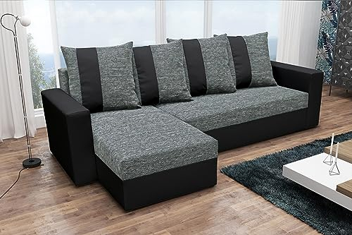 ALTDECOR Ecksofa mit Schlaffunktion und Bettkasten Corner Sofa Bett Eckcouch Couch L-Form Schlafcouch Ausziehbar Wohnlandschaft Schlafsofa Cauchsofa - PRAGI - 233x140x89cm Grau/Schwarz