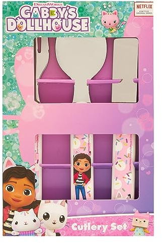 Gabby's Dollhouse 3 Piece Cutlery Set – Metal, Reusable Children's Knife, Fork & Spoon, Kids-Size, Made from Food-Safe Stainless Steel & ABS Plastic – Gabby. Mercat, Pandy Paws – for 12 Months & Up