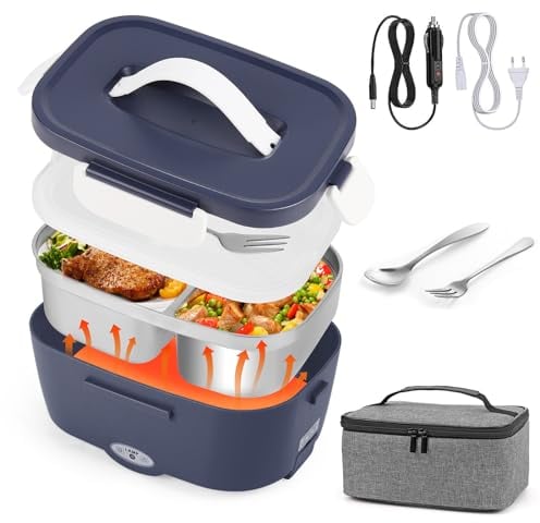 80W Scaldavivande Elettrico Portatile Elettrico Portatile Lunch Box 12V 24V 220V 1,5L Contenitore Elettrico Portavivande con Acciaio Inox Forchetta e Cucchiaio Scaldapranzo Portatile per Auto Casa