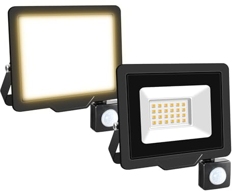 Willpower 2PCS Projecteurs LED Extérieur 20W 2000LM Avec Detecteur de Mouvement Spot LED 3500K Blanc Chaud IP66 Etanche Eclairage Exterieur Lumière de Sécurité LED pour Jardin Patio Garage