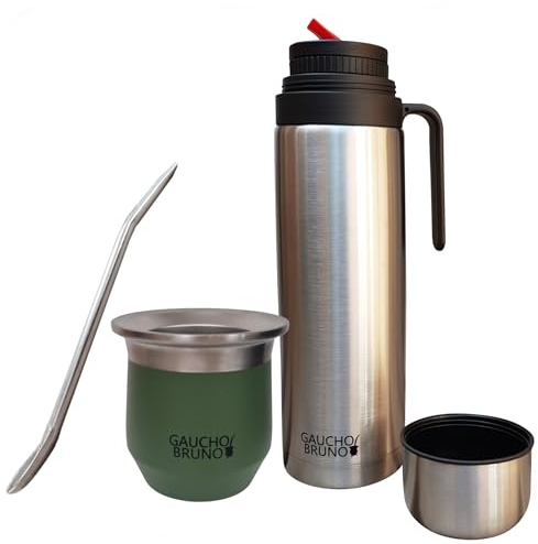Gaucho Bruno - Stainless Steel Thermal Mate for Drinking Yerba Mate | Easy to Clean | Maintains Drink Temperature | with Bombilla | and 1 Litre Flask with Iconic Precision Pour Spout pico Cebador