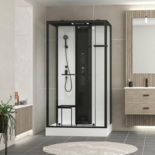 Cabine de douche rectangle 115x90x218 cm - Fonction HAMMAM, Jets Hydromassants, Led et Bluetooth