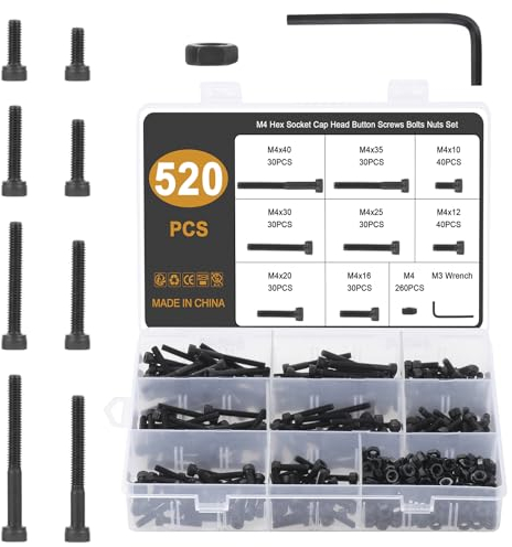 Gueenky 520 Stück Innensechskant Schrauben Kohlenstoffstahl, M4 x 10/12/16/20/25/30/35/40mm Zylinderschrauben mit Innensechskant Maschinenschrauben Schwarz Schrauben mit Muttern und Sechskantschlüssel