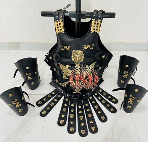 HISTORIC HANDICRAFT Römische Brustpanzer-Muskeljacke für Erwachsene, mit Armschienen und Beinschutz, mittelalterliches römisches Spartaner-Kostüm, schwarzes Leder, Halloween-Kostüm