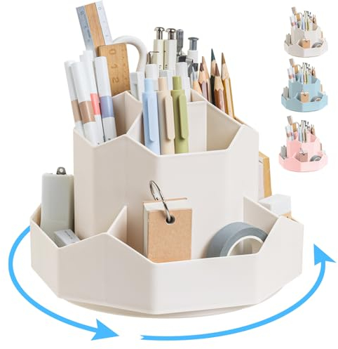 Ceysin Desk Organiser, 360 Degree Rotating Pen Pencil Holder with 9 Compartments, Multifunctional Pen Pots Makeup Brushes Holder Desktop Stationary Storage for Home Office Supplies Desk Tidy (White)