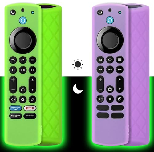 Pinowu Silikon Tasche für Fernbedienung (2pcs) Kompatibel mit Fire TV Stick 4K Max/Toshiba/Insignia Serie Alexa Stimme Fernbedienung Erweitert mit Umhängeband (grün,lila,Leuchtend)