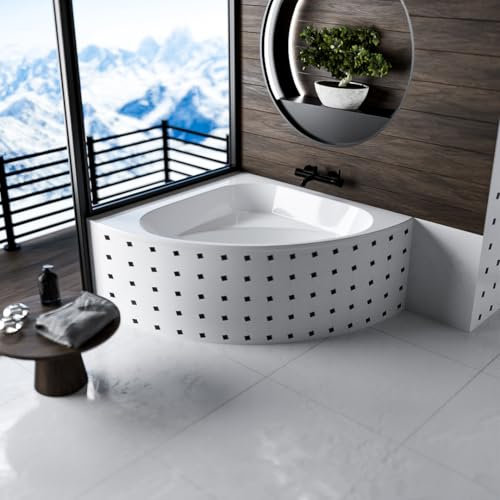 ECOLAM Baignoire d'angle acrylique symétrique Dina 140x140 cm | support de baignoire en polystyrène à carreler | pieds siphon et silicone