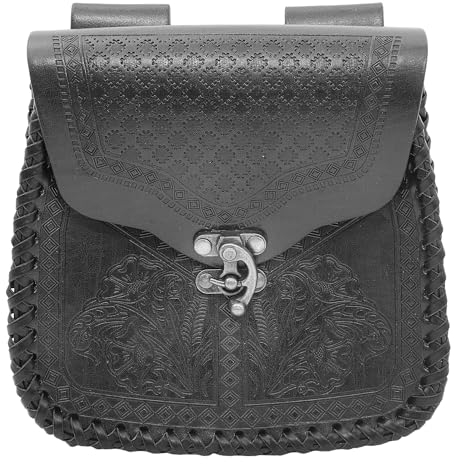 JAOYU Gürteltasche Mittelalter Nordischer Prägung, Retro Mittelalter Kunstleder Seitentasche, Tragbare Vintage Wikinger Gürteltasche für LARP Ren Faire (Stil A Schwarz)