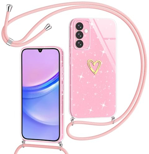 Yichxu Handyband für Samsung Galaxy A15 Hülle mit Band, Glitzer Herz Silikon Handyhülle Kordel zum Umhängen, Schutzhülle mit Kette TPU Stoßfest Necklace Handy Hülle für Samsung A15 4G/5G, Rosa