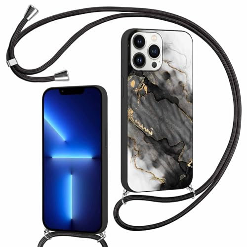 ZhuoFan Funda con Cuerda para iPhone 13 Pro MAX 6,7, Suave TPU Silicona Carcasa Patrón de Mármol Negro con Colgante Collar Correa de Cuello Cadena Cordón Cover Case y Motivo-10