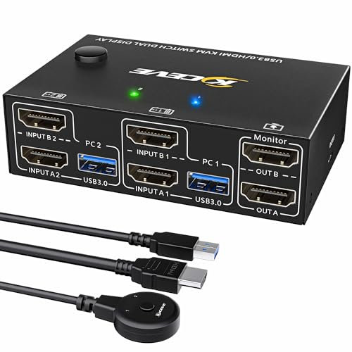 YOUTINGHDAV HDMI KVM Switch 2 Monitors 2 Computers, USB 3.0 KVM Switch Dual Monitor 4K@60Hz EDID Emulator for 2 Computer Share Keyboard Mouse printer, with Wired Remote