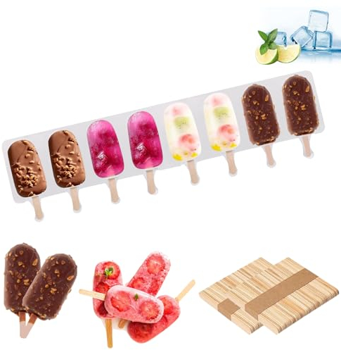 8 Trous Moule Glace Silicone Batonnet, Moule à Glace en Silicone avec 100 Pièces Bâtonnets, Réutilisable Moules à Glace, Moule à Glace, Moule Glace Convient pour Glaces Desserts (Blanc)…