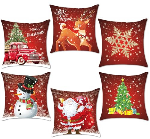 AMLOOPH Christmas Decorations Indoor 6 Set Christmas Cushion Covers 50x50cm | Red Christmas Design Cushion Covers 20 x 20 Inch Soft Plush Sofa Throw Pillow Covers Cases For Xmas Decorations Indoor Decor
