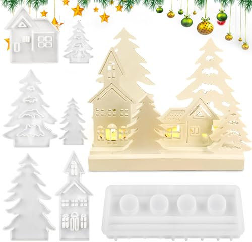 Silikonformen Gießformen Häuser, 7 Stück Giessformen Silikon, Silikonform Haus und Baum, Silikon Gießform Kerzenhalter, Silikon Gießform Haus, Silikonform Weihnachten mit Sockel Silikon für Handwerk