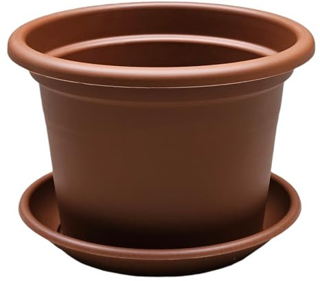 teramico Lot de 4 Pots de Fleurs Ronds en Plastique avec Soucoupe - Différentes Tailles - Terre Cuite et Taupe - Diamètre 35 cm