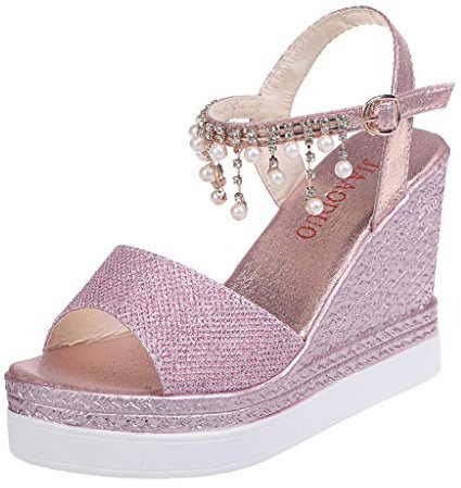 Sandali con tacco da donna punta chiusa sandali con perle plateau tacchi da donna scarpe alla moda zeppe alte sandali da donna sandali con zeppa rosa per le donne, rosa, 39 EU