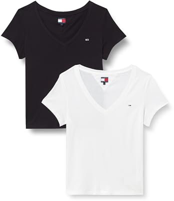 Tommy Jeans Camisetas de Manga Corta Pack de 2 Mujer con Cuello de Pico, Blanco (Ecru/Black), M
