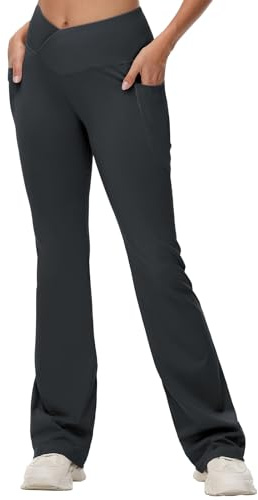 baleaf Women's Tall Flare Leggings 34 Tummy Control Crossover High Waisted Long Bootcut Yoga Pants with Pockets Work Casual Grey XS