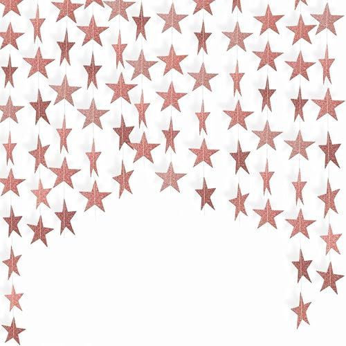 Glitter Star Garland Banner Decor, Double Side Glitter Paper Star Garland,13 Feet Bright Star Hanging Bunting Banner Backdrop for 2025 New Year Decor Graduation Wedding Birthday Christmas (rose gold)