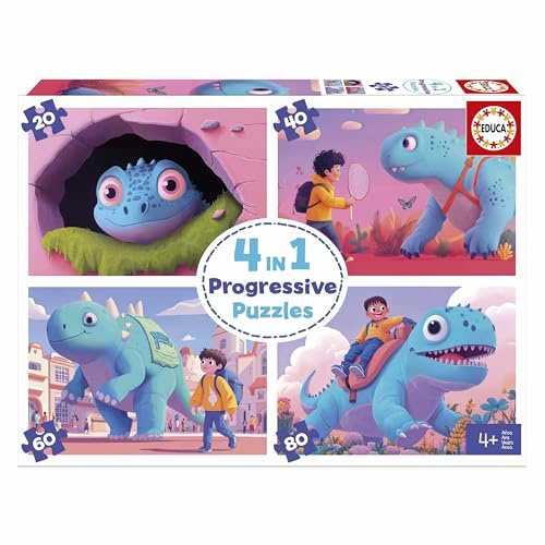 Educa - Kinderpuzzle Freundliche Dinos | 4in1 Puzzleset 20/40/60/80 Teile | Dino Puzzle, Progressives Puzzle | ab 4 Jahren (20222)