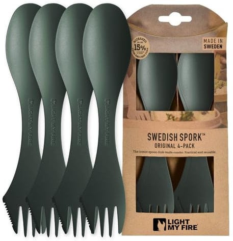Light My Fire Spork Original Göffel 4-Pack - 3-in-1 Campingbesteck - Löffel, Gabel, Messer - Reisebesteck - BPA-Frei & Bio-Basierter Kunststoff (4er-Pack Sagegreen)