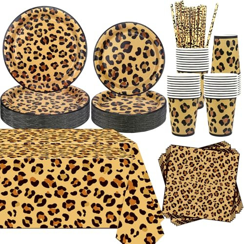 Guepardo Decoración de Fiesta de Cumpleaños Estampado Leopardo Suministros Incluido Platos Mantel Servilletas Vajilla para Selva Safari Print Baby Shower Serves 40