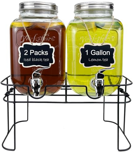 1 Gallon Glass Drink Dispenser for Parties, 2 Packs Juice Lemonade Ice Tea Water Dispenser with Stand, HENABLE Beverage Dispensers with Spigot for BBQ, Picnic, Party