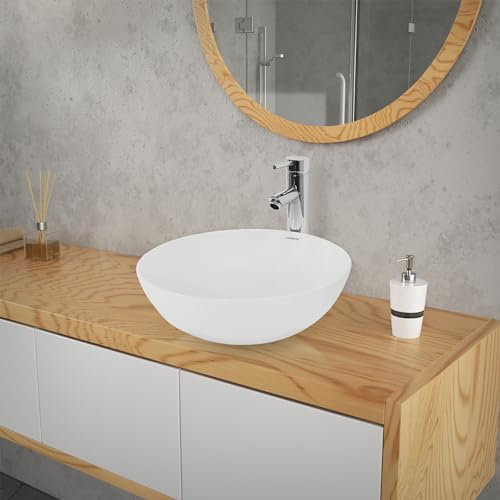 LuxeBath Waschbecken Keramik, rund Ø 400 x 147 mm, Weiß, Aufsatzwaschbecken für Badezimmer/Gäste-WC, Aufsatzbecken im modernen Design, Waschtisch Waschschale Waschplatz Handwaschbecken Waschschüssel