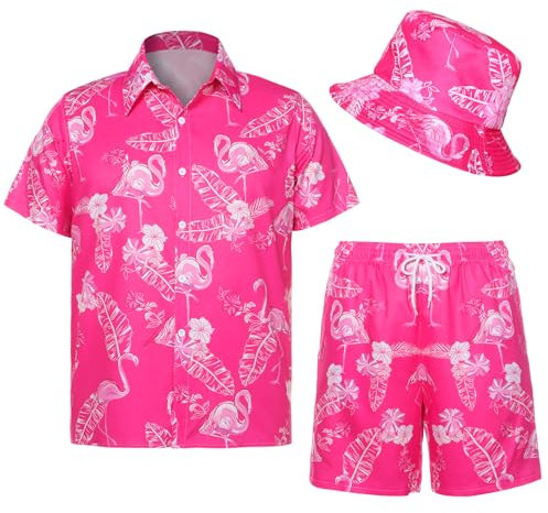 Angenster Ensemble chemise hawaïenne et short pour homme, tenue d'été décontractée et funky pour la plage, flamant rose, chemise avec chapeau bob, chemises hawaïennes de vacances, rose, S