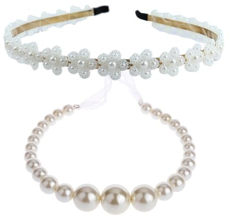 WUSJCOF Lot de 2 Bandeaux en Perles, Accessoires de Mariage pour Mariée, Serre-Têtes pour Femmes, Bijoux de Cheveux, Ornements de Cheveux pour Mariages, Robes de Mariée, Tenues (Blanc)