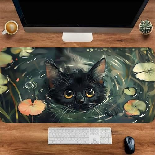 Gaming Mouse Pad, 1500x800x2mm XXL Mousepad, Large Non-Slip Desk Pad, Improved Precision and Speed, Mouse Mat Suitable for Office, Gamer, Home (Cat Black Pond)