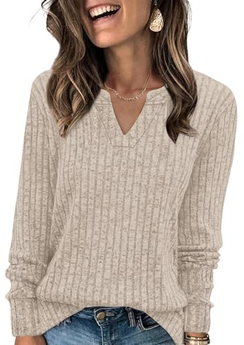 Aokosor Jumpers for Women Lightweight Sweatshirts Ladies V Neck Long Sleeve Tops Women Loose Fit Size 10-12 Beige