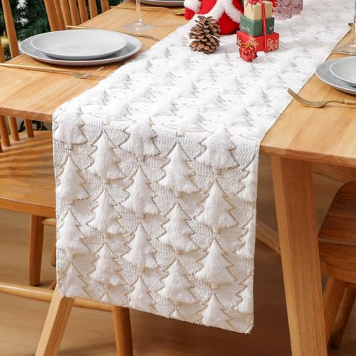 Tischläufer Weiß Weihnachten Abwaschbar 30 cm Breit Weihnachtliche Tischläufer Modern Kurz Beige Creme Weihnachtsbaum Gold Jacquard Winter Weihnachtsdeko Landhausstil für Kommode 33x100cm