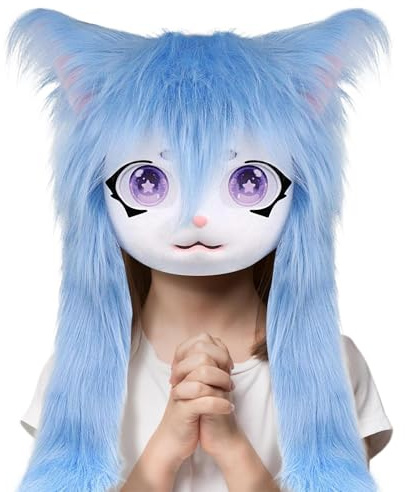 Rrlihjgu Tierköpfe – Vollmaske Katze große Augen lange Haare – Zubehör Kostüm Realistisch Plüsch für Frauen Männer Konvention Anime Theater Party Halloween Maskerade
