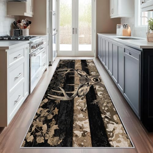 Generisch Läufer Flur Hirsch, Waschbarer Teppich Läufer Rustikale Jagd Tiere Elch 60x160, Küchenteppich, Eingangsbereich, Bettvorleger, Schlafzimmer Deko, rutschfest, Kurzflor f663
