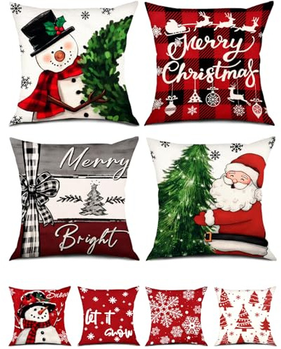 ASTNIC Christmas Cushion Covers Set of 4, 45 x 45 cm Red Xmas Cushion Covers Snowflake Snowman Santa Claus Pillow Cover Winter Christmas Pillow Cases for Living Room Sofa Home Xmas Decorations