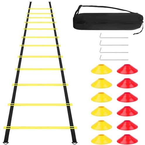 Set Accessori Allenamento Calcio, con 6M Scale Agilità, 12 Coni, 4 Pali, 1 Borsa, Attrezzatura Allenamento Velocità, Scaletta Coordinamento, Kit Scala Coordinazione Regolabile per Giovani e Adulti