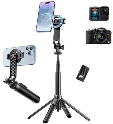 Magnetisches Handy Stativ, Selfie-Stick-Stativ für iPhone Android, MagSafe & Kamera mit Abnehmbarer Fernbedienung & 2-in-1-Magnethalterung, für Reise-Vlogs, Outdoor-Reisen, Wandern und Videoaufnahmen | 360° drehbarer Handy-Ständer mit wiederaufladbarer Fernbedienung, 2-in-1 magnetische Handyhalterung für