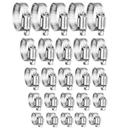 25 Pcs Hose Clips Assorted, 6–51mm 304 Stainless Steel Hose Clamps | for Fixing Hose Connections to Domestic Water Pipes, Gas Pipes and Garden Hose